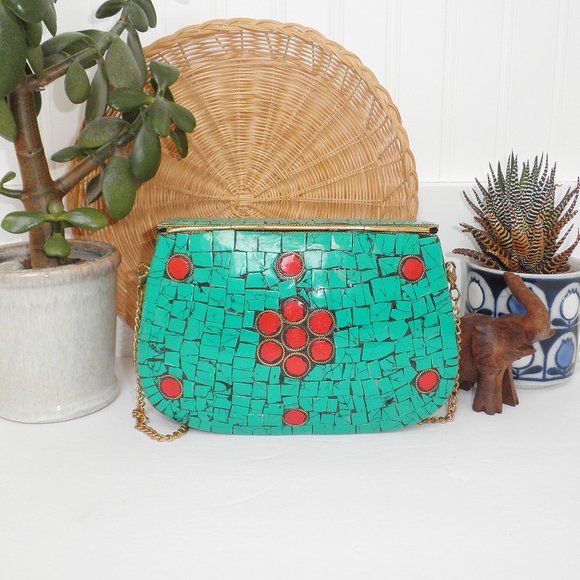 Antik Kraft Boho Amoli Brass & Mosaic Crossbody Clutch Turquoise Anthropologie - Picture 10 of 14